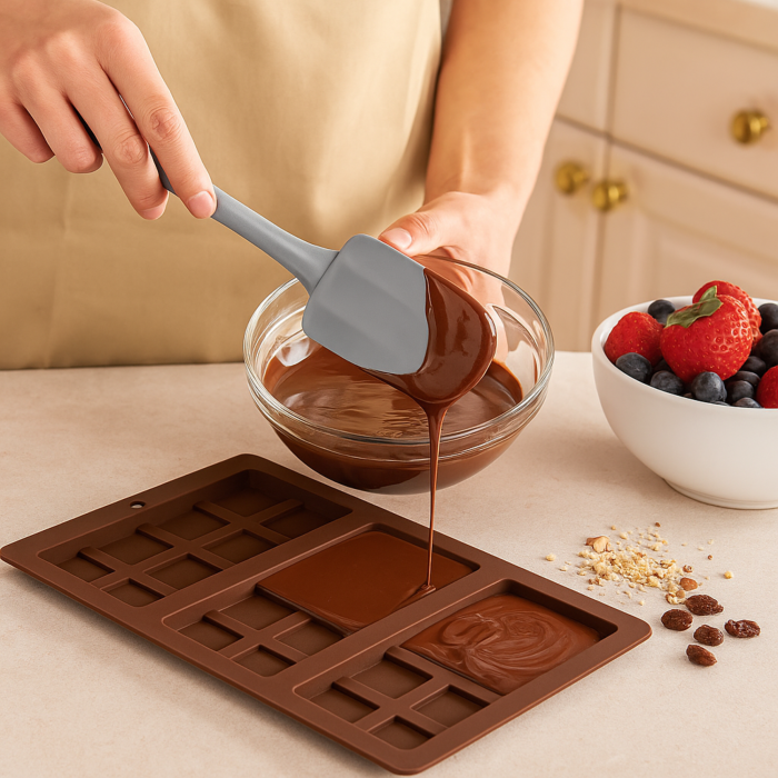 Person pouring melted chocolate into a silicone mold with a bowl of berries in the background.