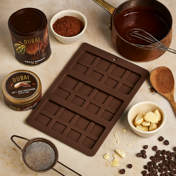 Chocolate-making setup with a silicone mold, cocoa powder, chocolate chips, and other ingredients on a light surface.