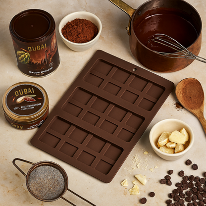 Chocolate-making setup with a silicone mold, cocoa powder, chocolate chips, and other ingredients on a light surface.