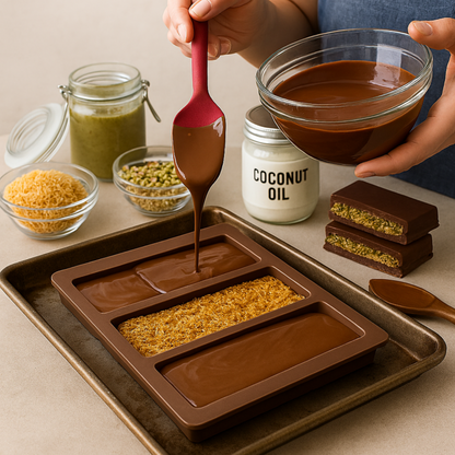 Person pouring chocolate into a mold with ingredients for making Dubai chocolate on a table