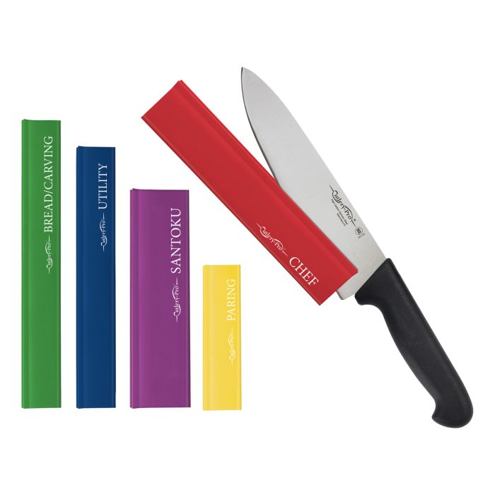 Knife Blade Guards and a chef's knife on a white background