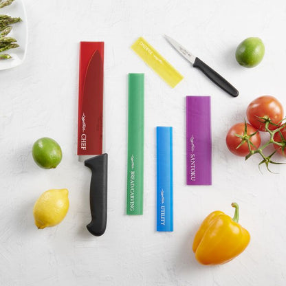 Knife Blade Guards set arranged on a counter with knives and veggies
