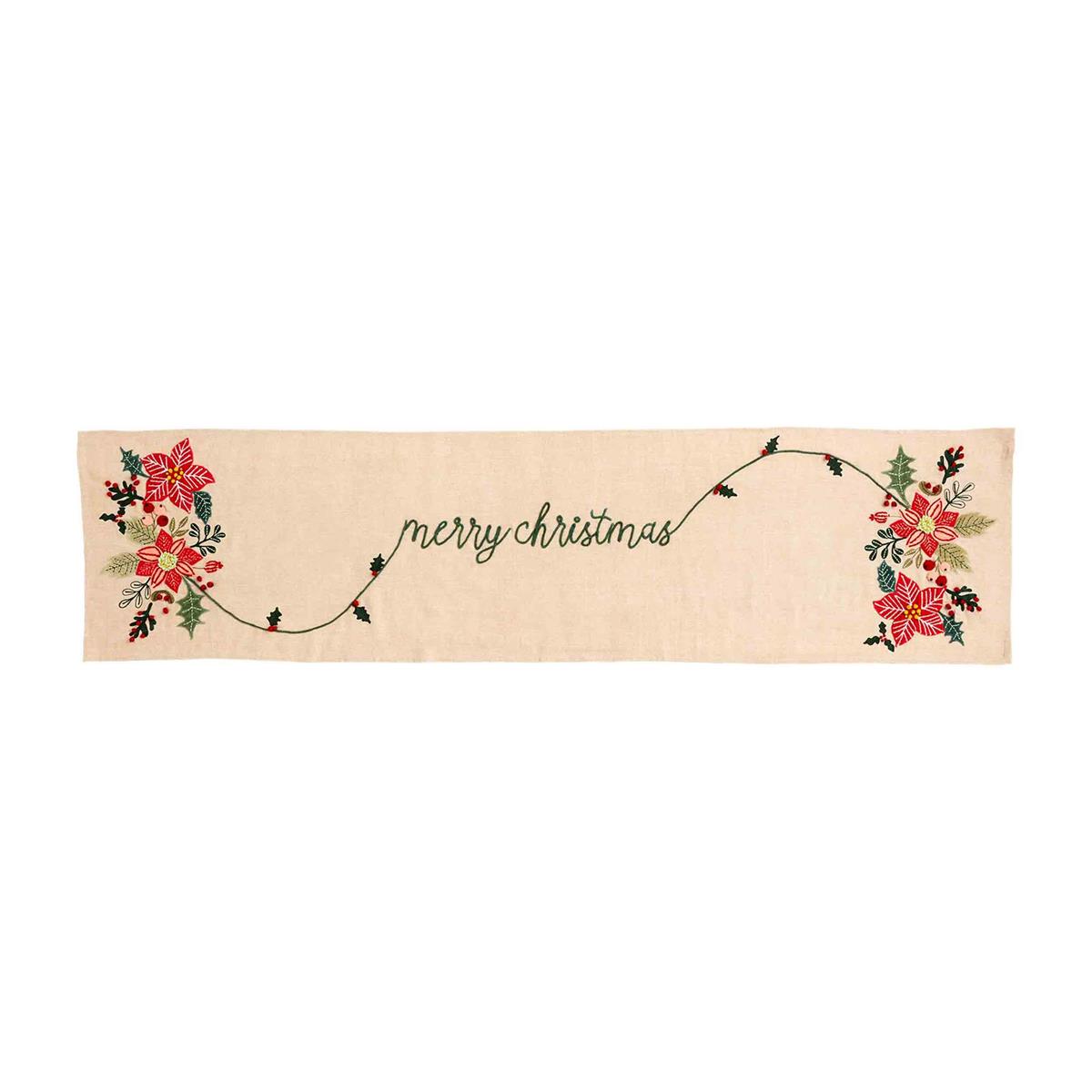 merry christmas poinsettia table runner displayed against a white background