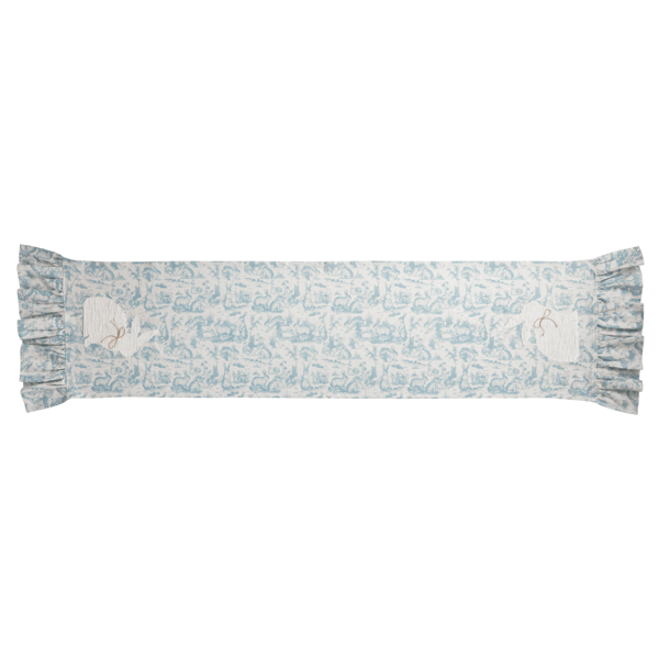 Blue Toile Easter Table Runner laying flat on a white background