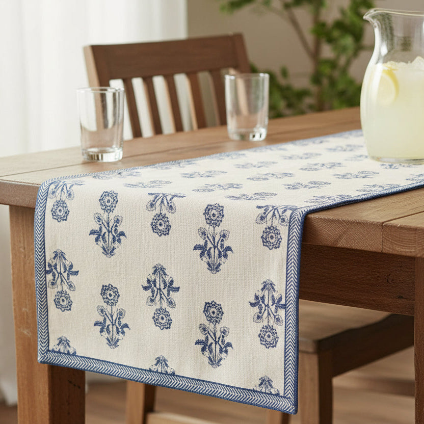 white table runner with blue floral design on a wooden table with glasses and a pitcher of lemonade