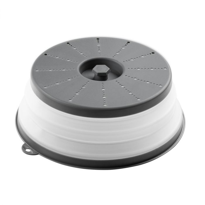 A collapsible microwave food cover fully popped open with a white and gray color scheme.