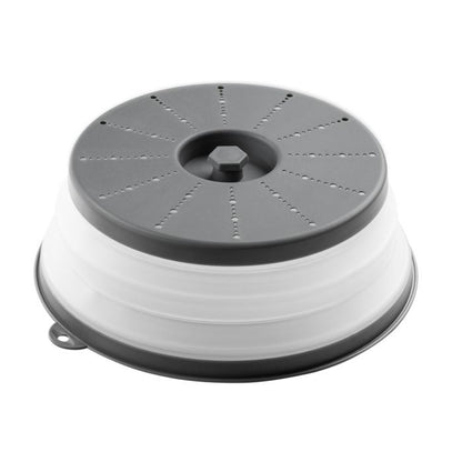 A collapsible microwave food cover fully popped open with a white and gray color scheme.