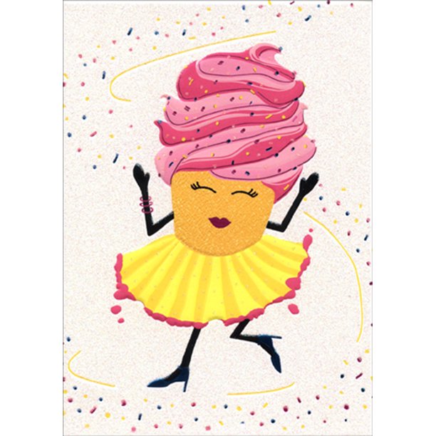 front of card is a cupcake in a yellow skirt and pink frosting hair dancing on a white background
