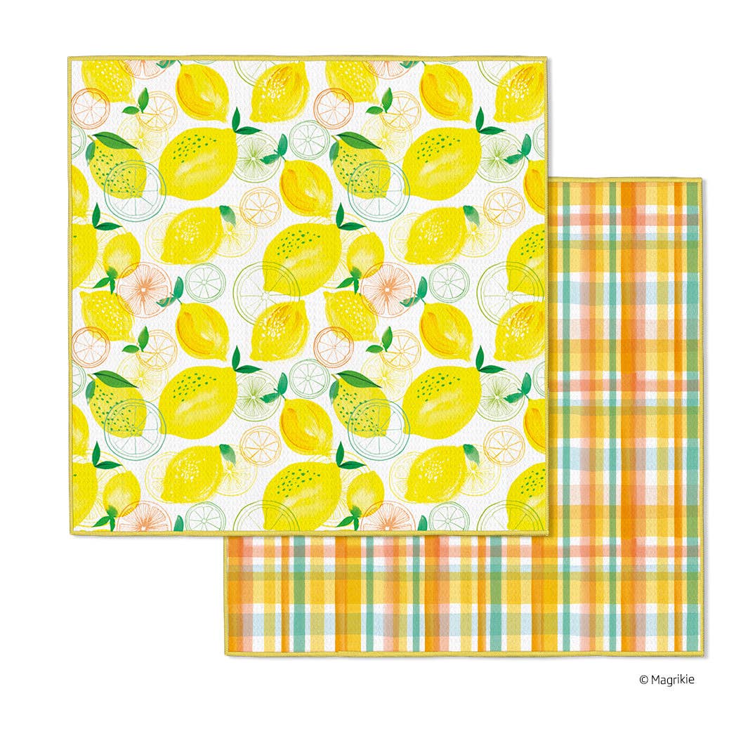 set of the lemon plaid dish cloths on a white background