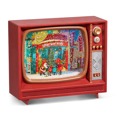 red tv with holiday scene inside shown on a white background.