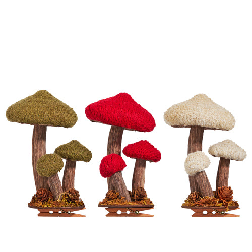 3 colors of mushroom cluster clip-on ornaments.