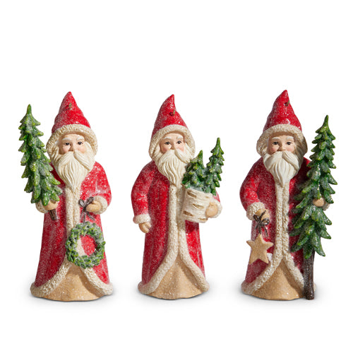 3 styles of Santa ornaments in a row on a white background.