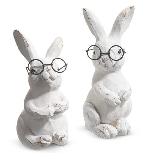 2 styles of white bunnies wearing glasses on a white background.