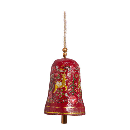 red bell with holiday design painted on it.