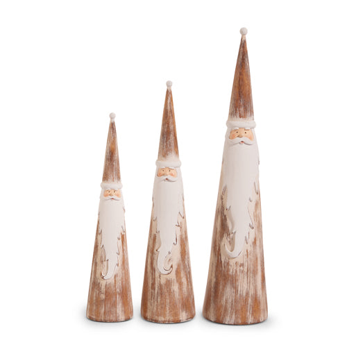 3 sizes of cone shaped santas in a row on a white background.