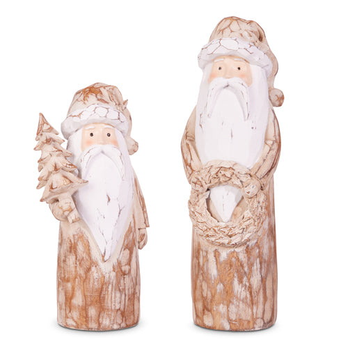 2 styles of natural santas, small on eis holding a tree, larger is holding a wreath.