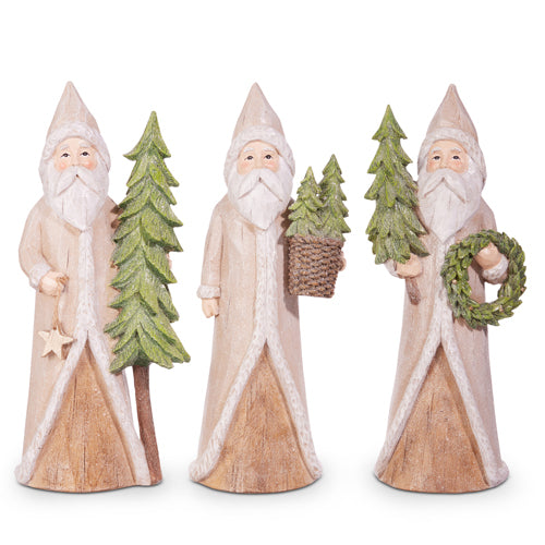 3 styles of santas holding trees or greenery.