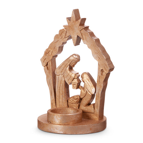 nativity scene with star above and candle holder in front on a round base.