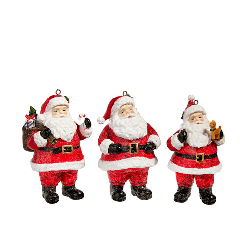 3 styles of santa ornaments in a row on a white background.