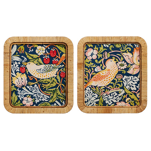 2 styles of bird prints in rattan frames next to each other on a white background.