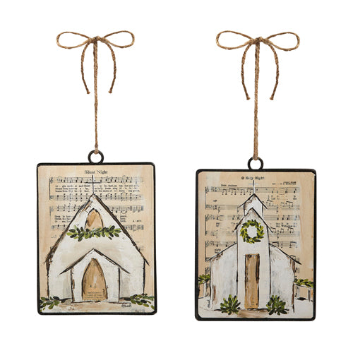 2 styles of metal disc ornaments with a church and sheet music design.