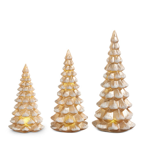 3 sizes of Lighted Antiqued Champagne Trees shown on a white background
