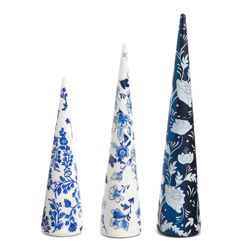 3 sizes of glass cone shaped trees in a row on a white background.