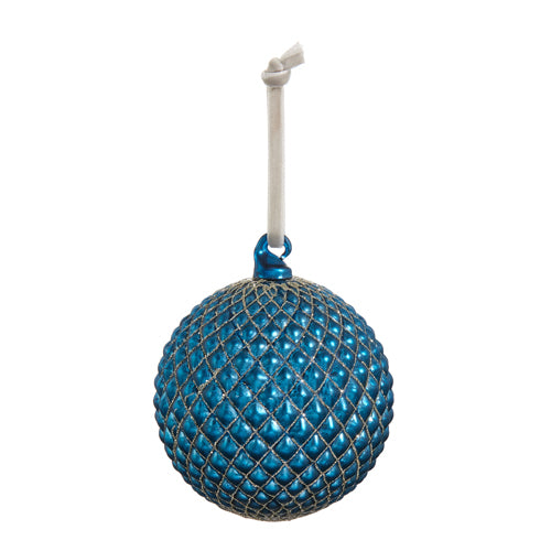 blue glass ball ornament with quilted pattern and silver glitter.