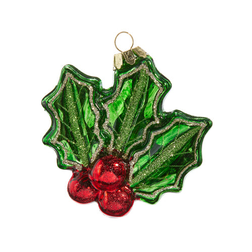 glass holly ornament on a white background.