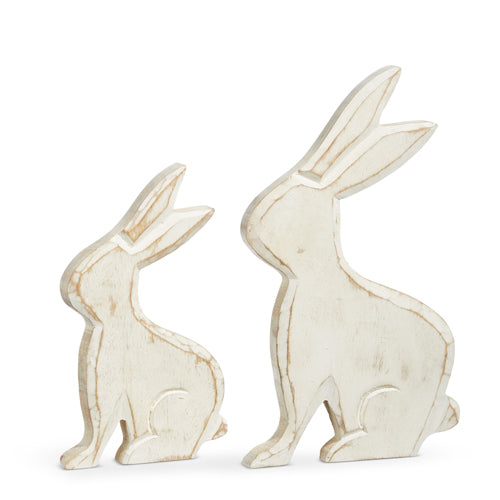 2 sizes of wooden bunnies on a white background.