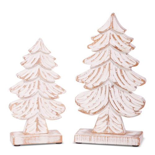 2 sizes of white wooden trees on a white background.