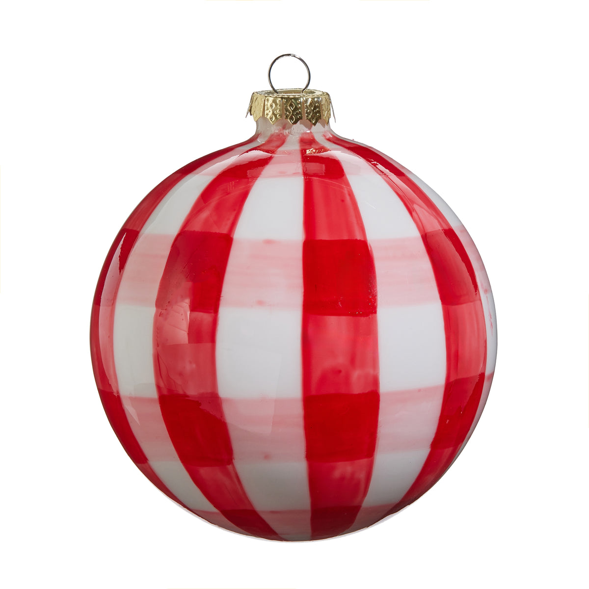 Red Gingham Ball Ornament on a white background