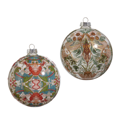 2 styles of glass ball ornaments with william Morris art painted on them.