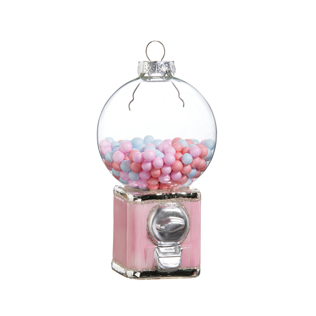 light pink ornament that looks like a gumball machine against a white background