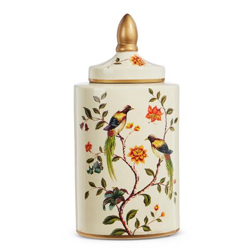 tall oval shaped ginger jar with lid with images of birds and flowers painted on it.