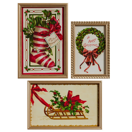 3 styles of vintage christmas art arranged on a white background.