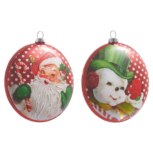 red glass disc ornaments with either santa or a snowman painted on them.