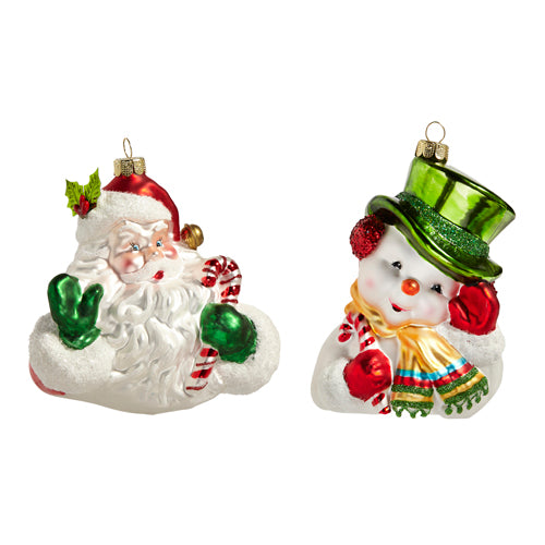 glass santa and snowman ornaments on a white background.