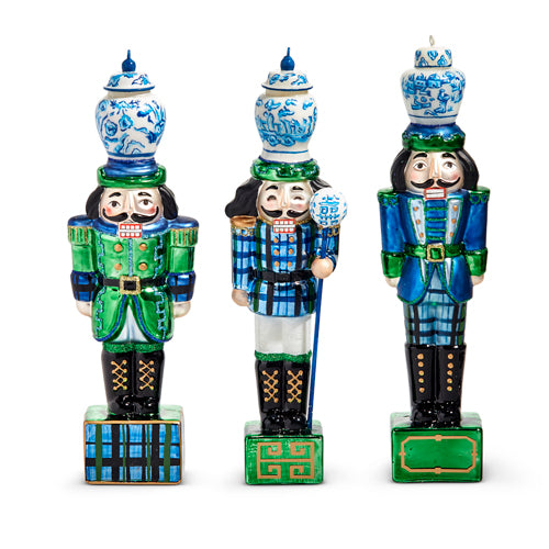 3 styles of blue plaid nutcracker ornaments.