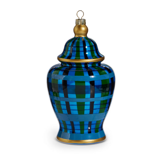 Glass Ginger Jar ornament with blue and green plaid design and gold accents.