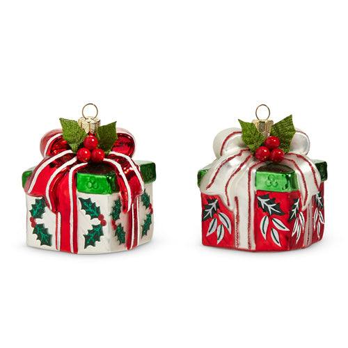 2 styles of gift ornaments set next to each other on a white background.