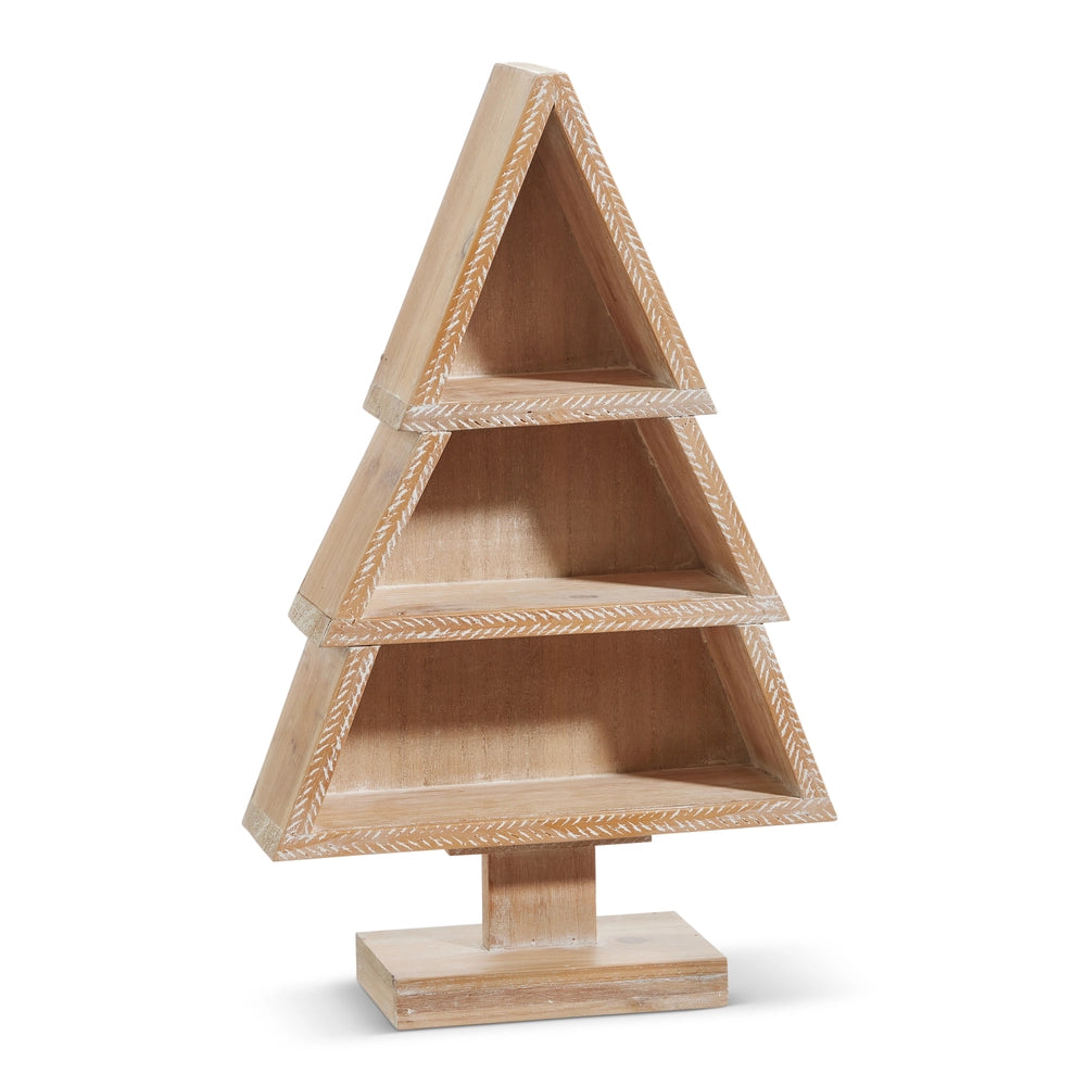 wooden 3 tiered shelf shaped like a tree.