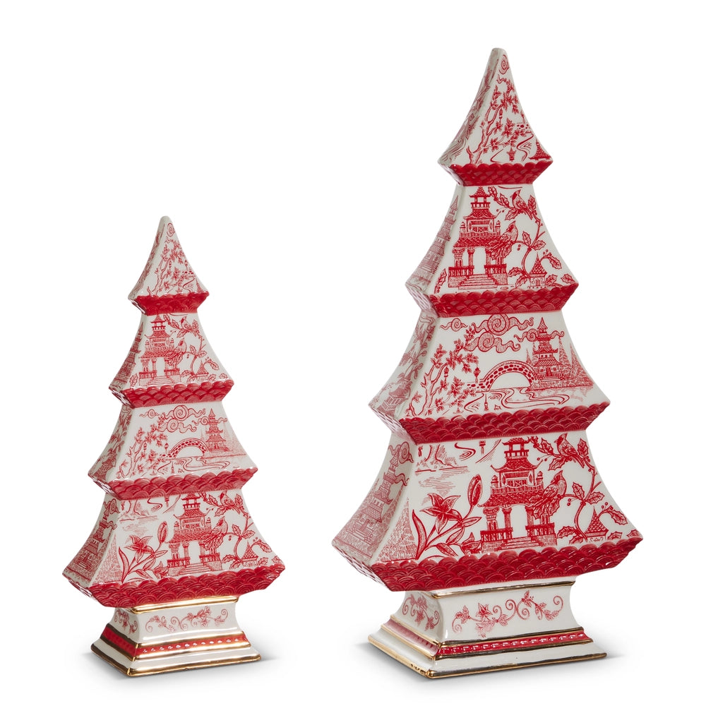 2 sizes of red chinoiserie trees shown on a white background