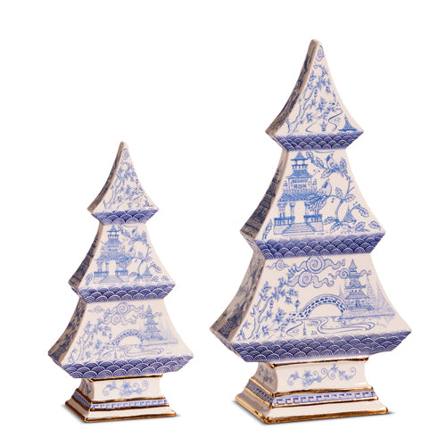 2 sizes of blue chinoiserie trees shown on a white background.