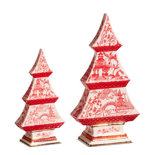 2 sizes of red chinoiserie trees set next to each other on a white background.