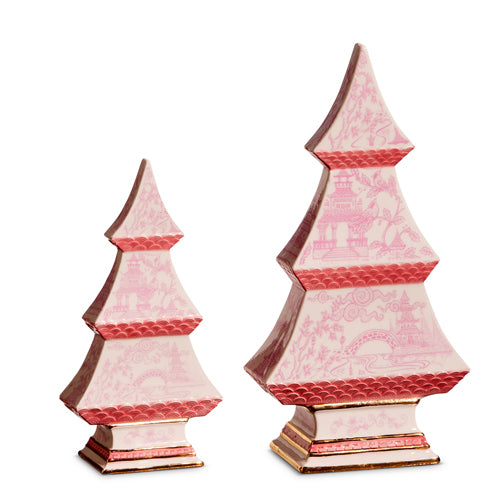 2 sizes of Pink Chinoiserie Trees shown on a white background.