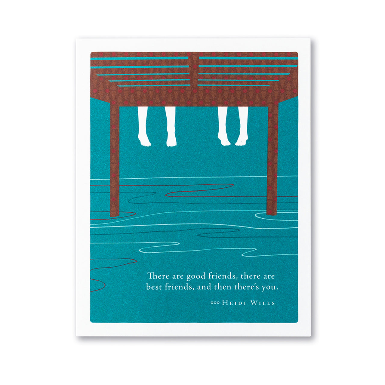front of card is a view from under a dock at the lake with two people friends hanging down and white text listed in the description