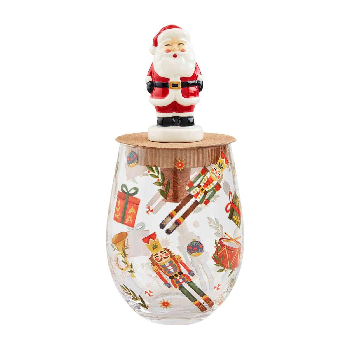 nutcracker wine glass with santa stopper set displayed against a white background