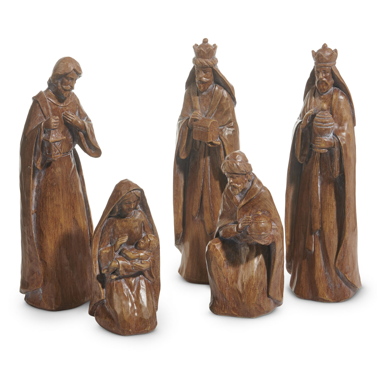 wood tone color Nativity arranged on a white background