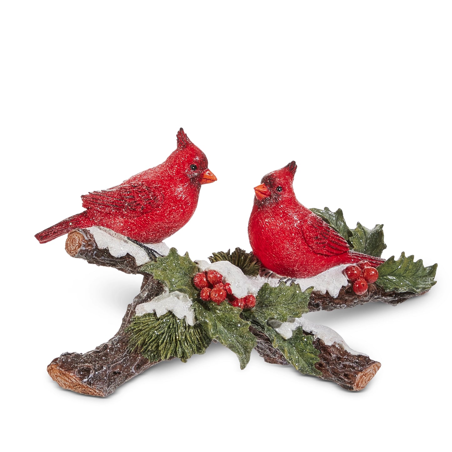 cardinals on a branch with evergreens shown on a white background